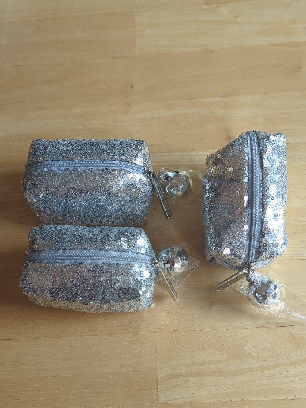 Set of three mini Silver Sequin Cosmetic Bag Pouches